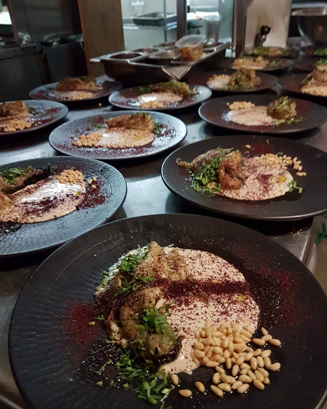 Roasted eggplant, tahini, sumac & pine nuts